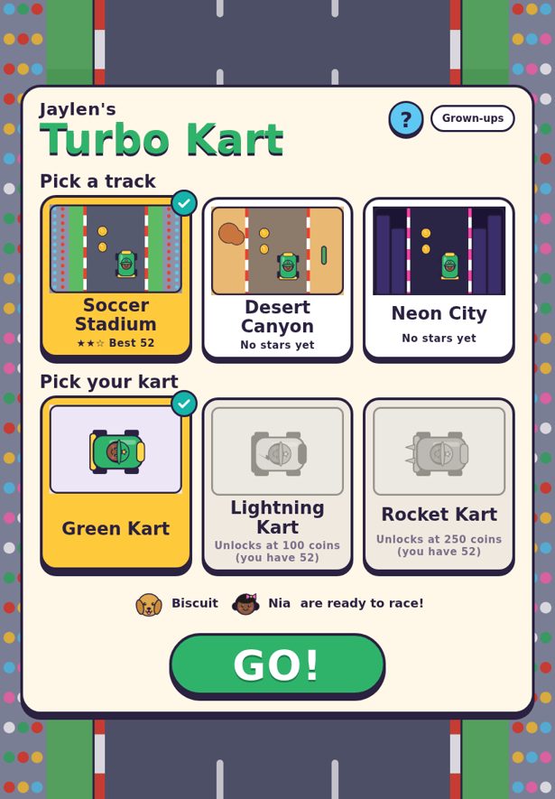Title screen: pick a track with star ratings and pick a kart, two karts locked.