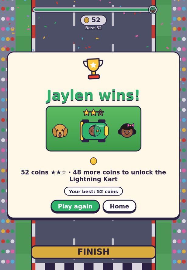 Win screen: Jaylen wins with 52 coins, two stars and his best score.