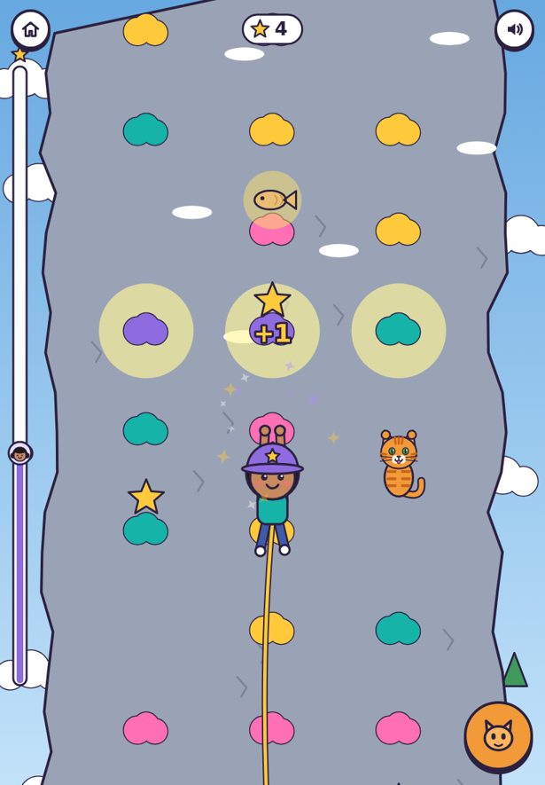 Sample game: a girl in a purple climbing helmet climbs a rocky mountain while her orange cat climbs beside her.