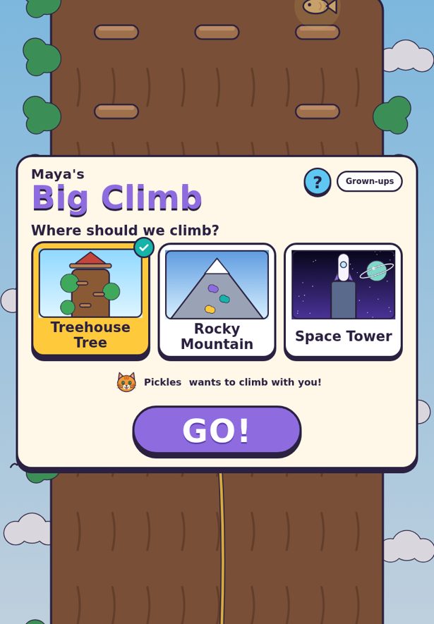 Title screen reading Maya's Big Climb with three places to pick.
